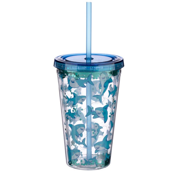 Fun Shark Design Glitter Double Walled Cup with Lid and Straw