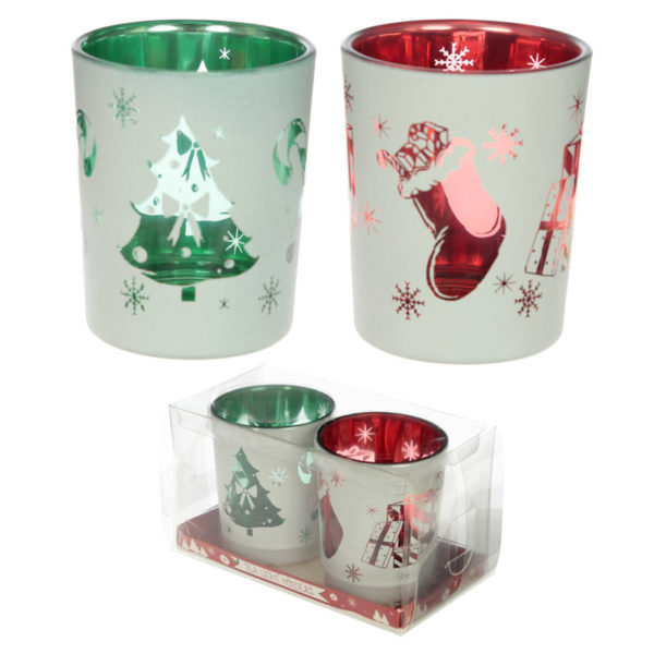 Glass Candleholder Set of 2 - Christmas Designs Glass Candleholder Set of 2 - Christmas Designs