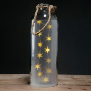 Decorative LED Glass Light Jar - White Stars Large with Rope